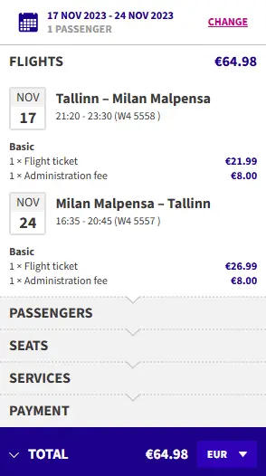 Direct flights from Tallinn to Milan