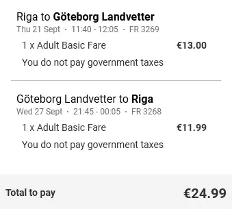Ryanair flights from Riga to Gothenburg