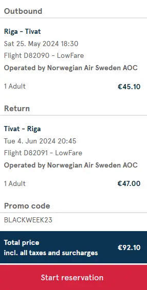 return flights Riga - Tivat €92